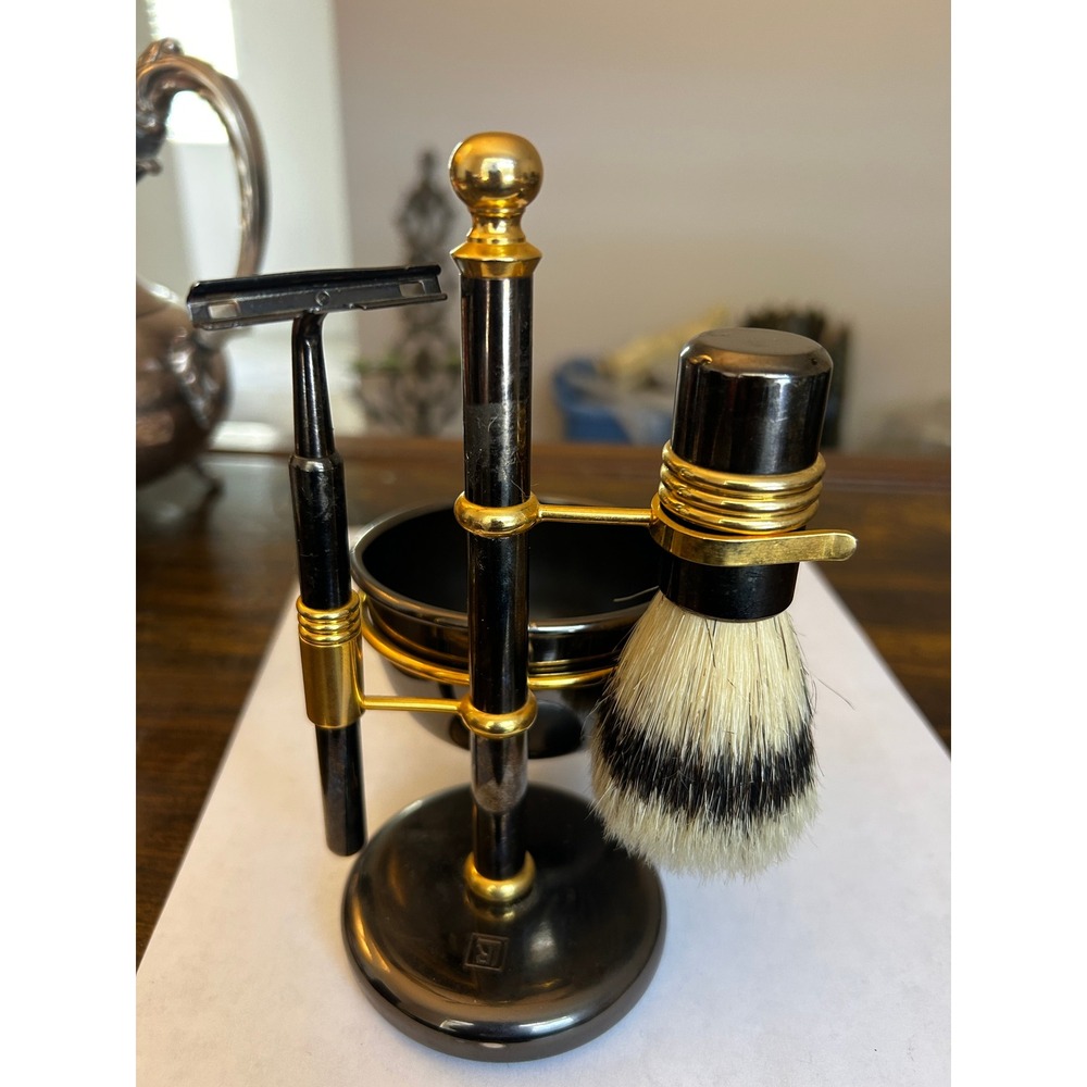 Vintage Shaving Set Black with Brass Highlights - Picture 3 of 4